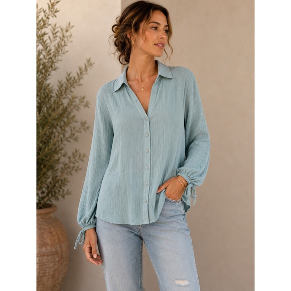 easel Tops - Easel Womens Small Blue Grey Crinkle Gauze Cotton Button‎ Down Tie Sleeve Shirt